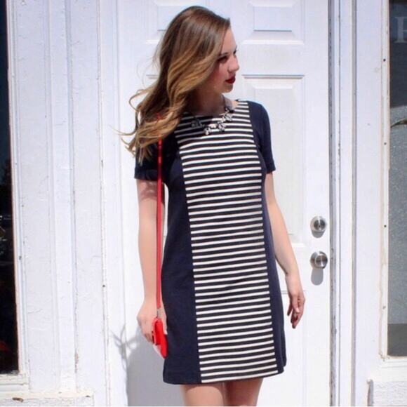 J Crew Stripe Knit Shift Dress Navy Blue Ivory Cream exposed zipper - Picture 4 of 8